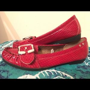 Red loafer style Shoes with silver buckle